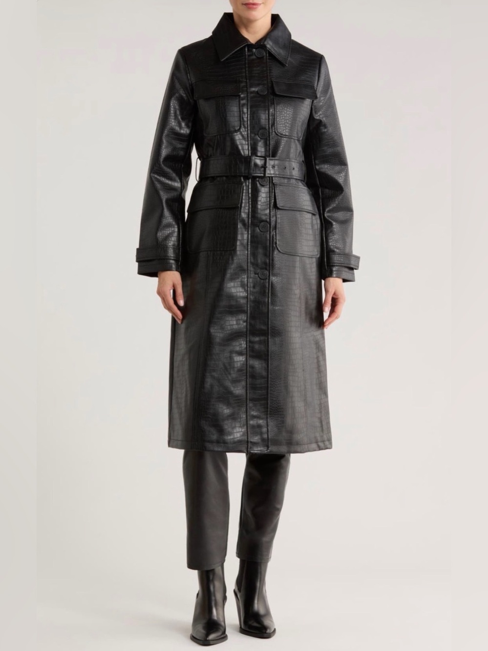 Rebecca Minkoff Black Faux Leather Croc Embossed Belted Trench Coat Black S NWT